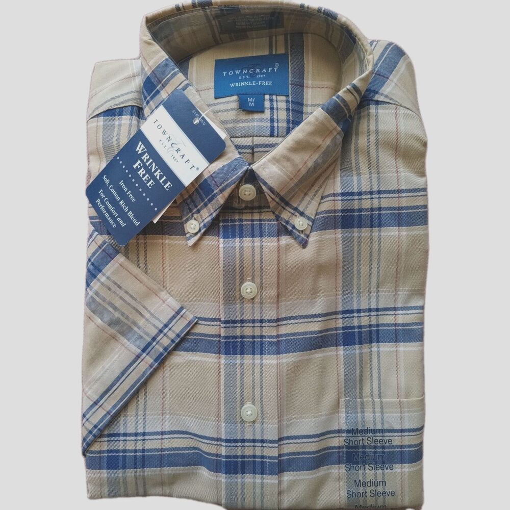 TownCraft Shirt Wrinkle Free Medium Short Sleeve Beige/Blue Stripe